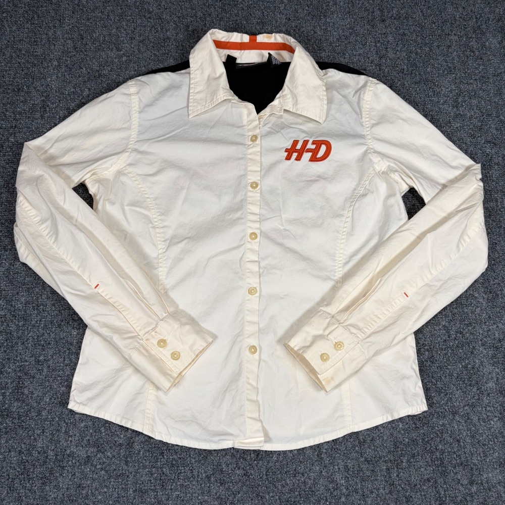 Harley-Davidson Womens Cream Long Sleeve Button Down Shirt Logo Graphic Medium